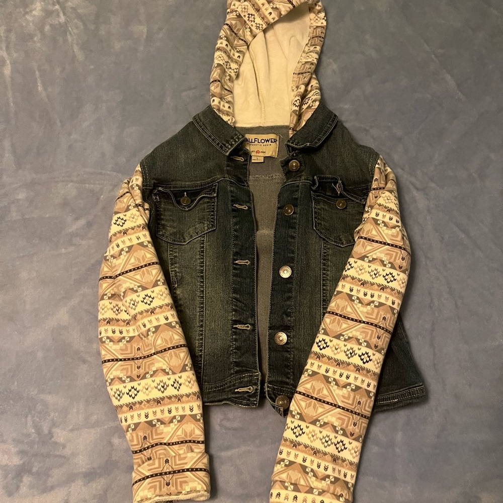 Wallflower Woman’s denim jacket with fleece hood arms